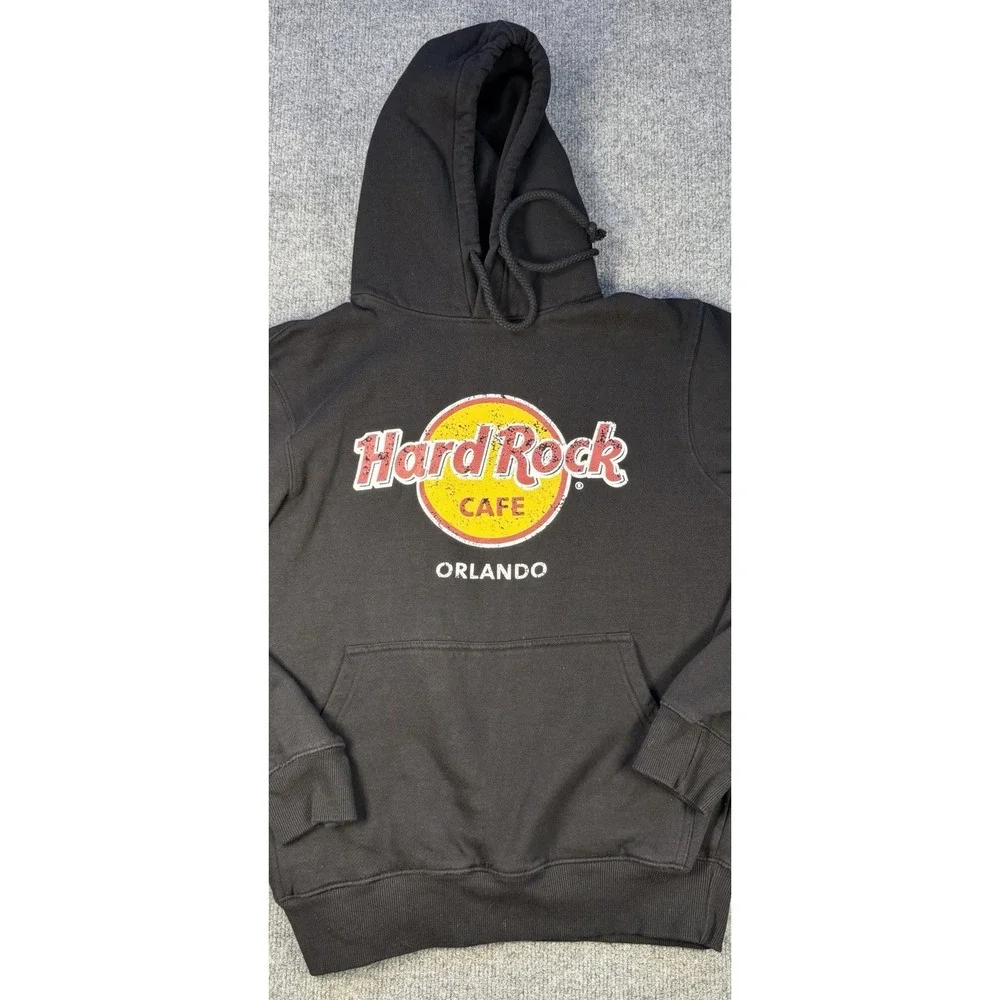 Hard Rock Cafe Orlando Hoodie Mens Medium Black Graphic Pullover Sweatshirt - Picture 2 of 7